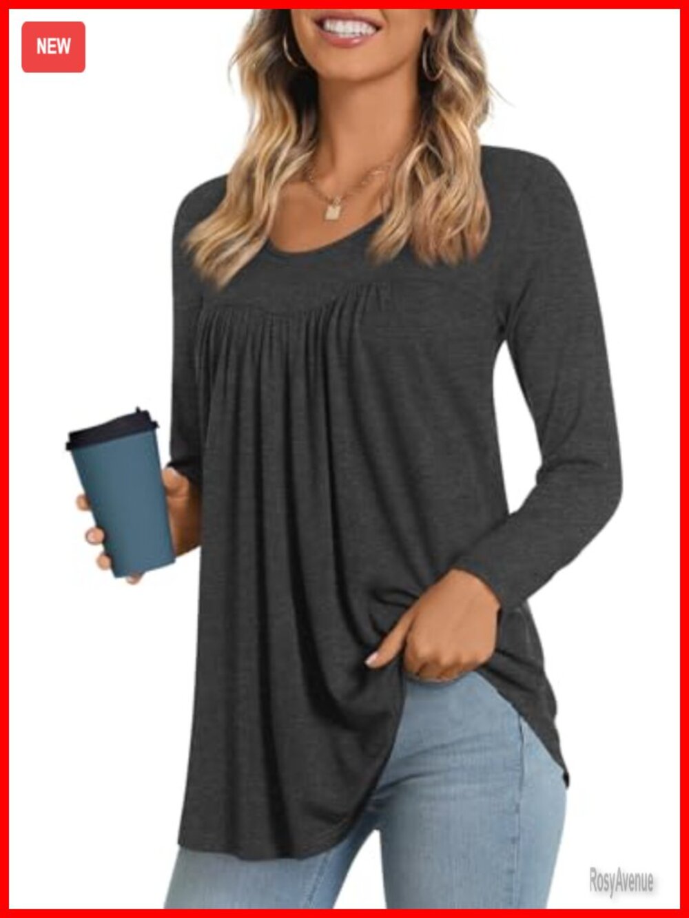 Women's Long Sleeve Pleated Front Tunic Top Flowy Loose Fit Blouse